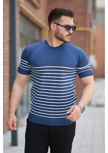 Erkek Çizgi Desenli Bisiklet Yaka Kısa Kollu T-Sihrt fırsatları