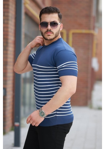 Erkek Çizgi Desenli Bisiklet Yaka Kısa Kollu T-Sihrt indirimleri