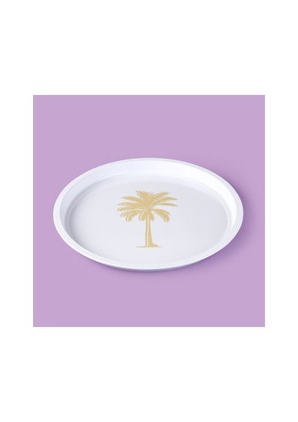 Palm Desenli Yuvarlak Tepsi - Krem / Kahverengi - 24X24 cm
