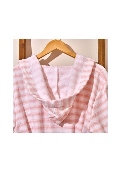 Soft Kapüşonlu Çizgili Kadın Bornoz - Beyaz / Pembe - L / Xl modelleri
