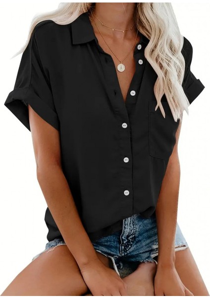 Kadın Kısa Kollu V Yakalı Önden Düğmeli Dokuma Gömlek fırsatları
