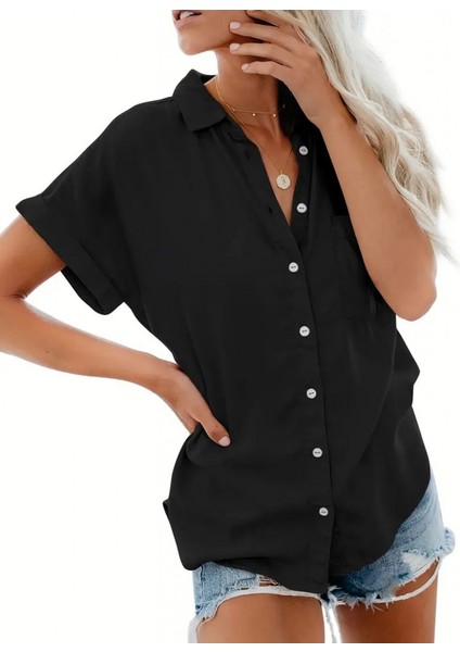 Kadın Kısa Kollu V Yakalı Önden Düğmeli Dokuma Gömlek