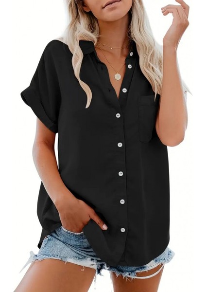 Kadın Kısa Kollu V Yakalı Önden Düğmeli Dokuma Gömlek