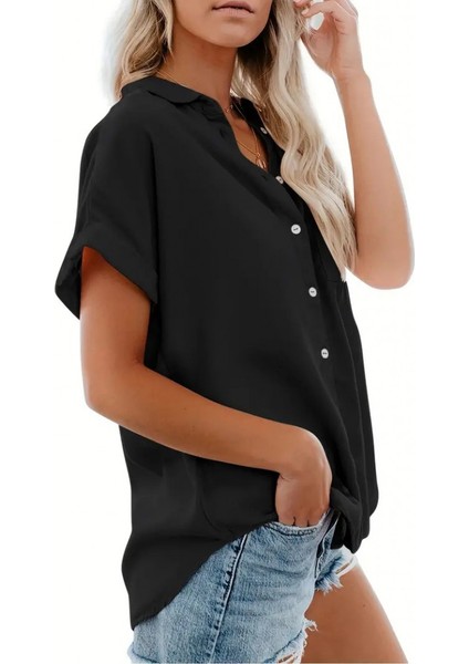 Kadın Kısa Kollu V Yakalı Önden Düğmeli Dokuma Gömlek