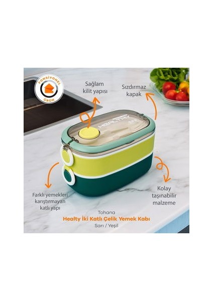 Healty Iki Katlı Çelik Yemek Kabı - Sarı / Yeşil - 1,3 Lt