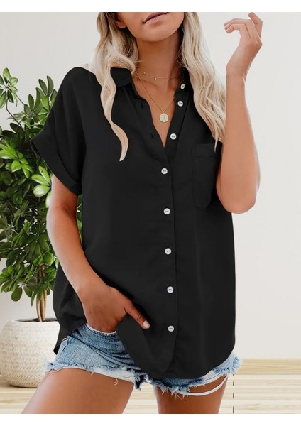 Kadın Kısa Kollu V Yakalı Önden Düğmeli Dokuma Gömlek fiyatları