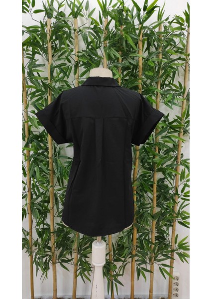 Kadın Kısa Kollu V Yakalı Önden Düğmeli Dokuma Gömlek