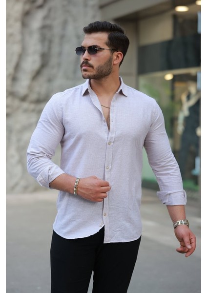 Erkek Çizgi Desenli Uzun Kollu Pamuklu Keten Gömlek