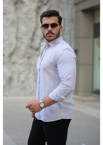 Erkek Çizgi Desenli Uzun Kollu Pamuklu Keten Gömlek fiyatları