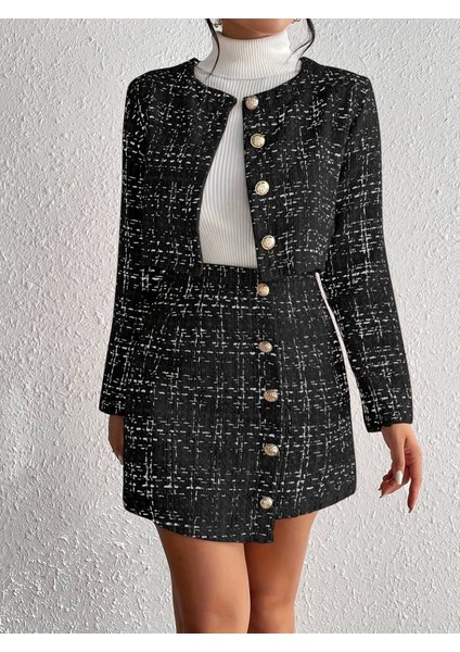Kadın Uzun Kollu Önü Düğmeli Şanel Ceket ve Etek Takım