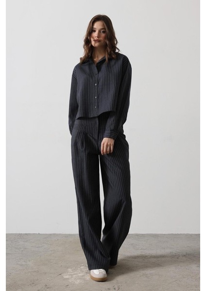 Çizgili Gömlek Pantolon Takım - Lacivert modelleri