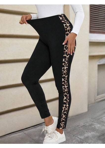 Kadın Yüksek Bel Yanları Leopar Şerit Detay Dalgıç Tayt