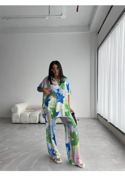 Yeşil Büyük Çiçek Desen Saten Gömlek-Pantolon Takım - Yeşil