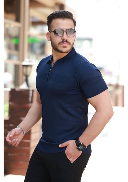 Erkek Göğüs Pirinç Desenli Fermuar Yakalı Kısa Kollu Tişört fiyatları