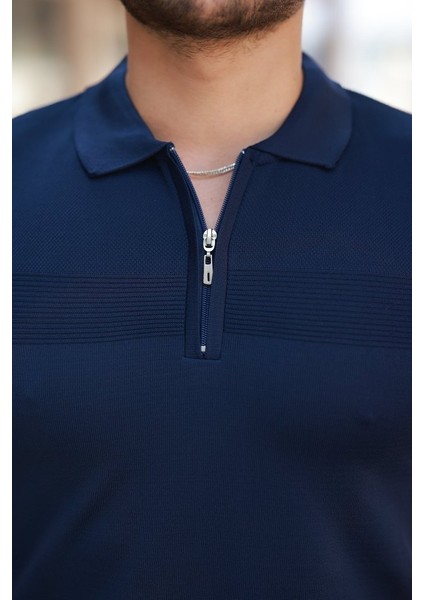 Erkek Göğüs Pirinç Desenli Fermuar Yakalı Kısa Kollu Tişört modelleri