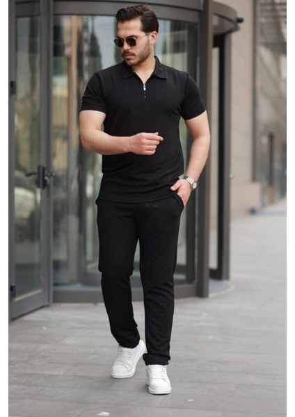 Erkek Kısa Kollu önden Fermuarlı Janjan Krep Tişört Ve Pantolon Ikili Takım