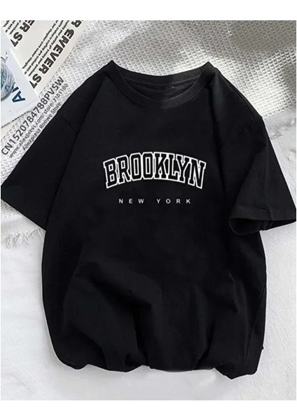 Brooklyn Baskılı Oversize Unisex Bisiklet Yaka Pamuklu T-Shirt