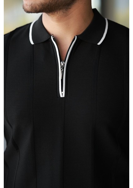 Erkek Dikey Kabartmalı Örgü Dokulu Fermuar Yakalı Tişört modelleri