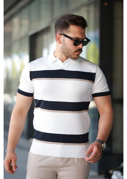 Erkek Şerit Desenli Hemşire Yaka Kısa Kollu Tişört