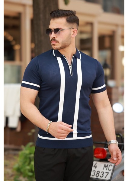 Erkek Fermuar Yakalı şerit Detaylı Kısa Kollu Tişört
