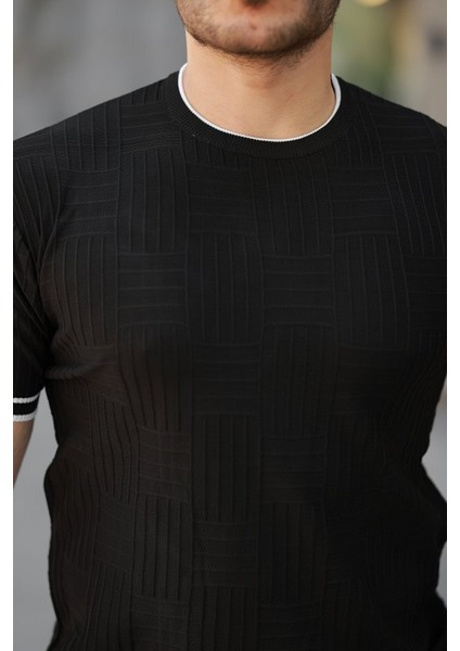 Erkek Jakarlı Ribanalı Kısa Kollu T-Shirt
