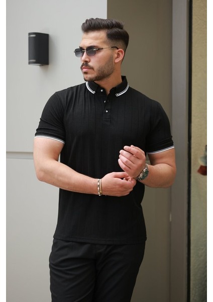 Erkek Düğme Yakalı Jakar Kumaş Kısa Kollu Tişört