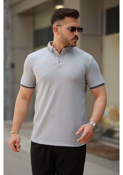 Erkek Düğmeli Yaka Waffle Kumaş Kısa Kollu Tişört