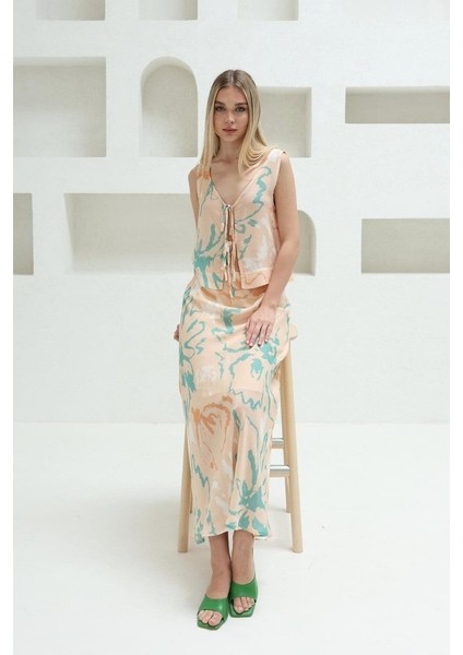 Bağcıklı Bluzlu Etek Takım - Pudra