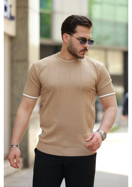 Erkek Bisiklet Yaka Çizgi Desenli Ribanalı Kısa Kollu Tshirt