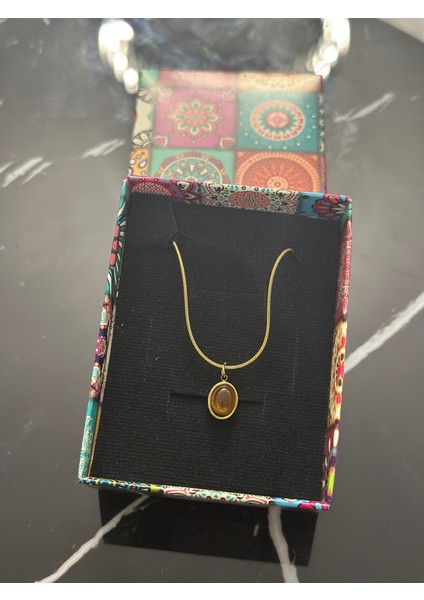 Bohem Doğal Taşlı Çelik Kolye