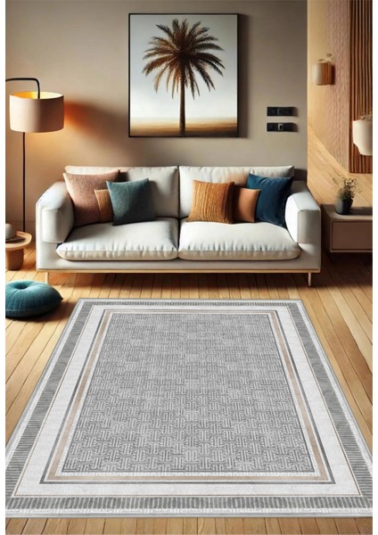 Gri Dijital Baskı Salon Halısı Kaymaz Tabanlı Yıkanabilir Halı Yolluk