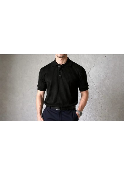 Erkek Kısa Kollu Yakalı Yakadan Düğmeli Triko Bluz