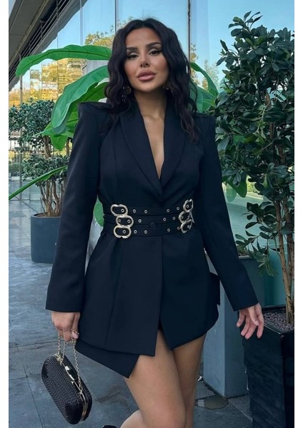 Kadın Blazer Ceket Şık Kruvaze Yaka Vatkalı Gold Kemer Detaylı Ceket