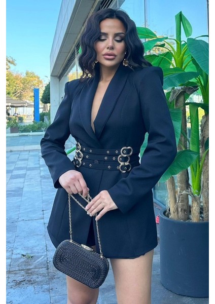 Kadın Blazer Ceket Şık Kruvaze Yaka Vatkalı Gold Kemer Detaylı Ceket fiyatları