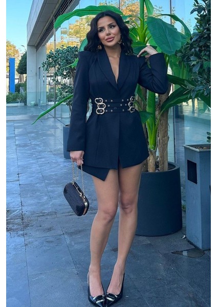 Kadın Blazer Ceket Şık Kruvaze Yaka Vatkalı Gold Kemer Detaylı Ceket modelleri