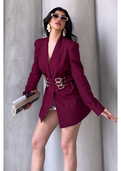 Kadın Blazer Ceket Şık Kruvaze Yaka Vatkalı Gold Kemer Detaylı Ceket