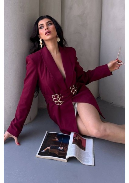 Kadın Blazer Ceket Şık Kruvaze Yaka Vatkalı Gold Kemer Detaylı Ceket fiyatları