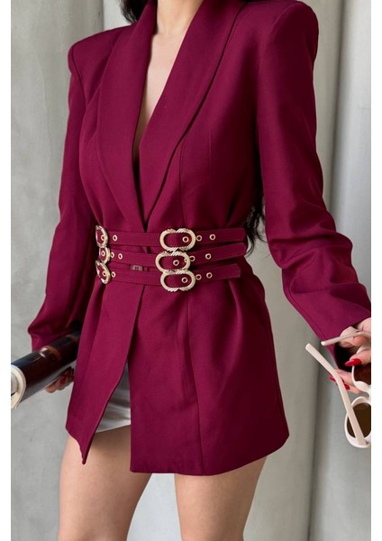 Kadın Blazer Ceket Şık Kruvaze Yaka Vatkalı Gold Kemer Detaylı Ceket modelleri