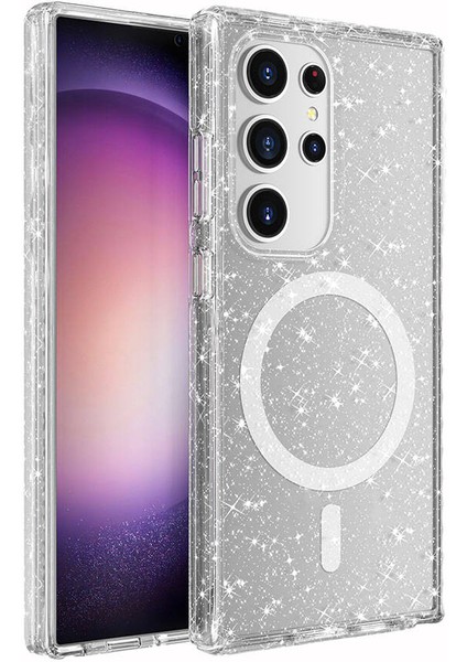 Galaxy S24 Ultra Kılıf Magsafe Şarj Özellikli Parlayan Simli Saydam Renkli Ecrz Allstar Kapak-Şeffaf