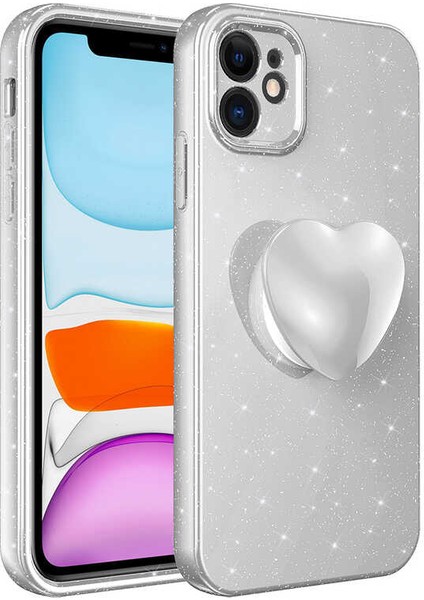 iPhone 11 Kılıf Kamera Korumalı Simli Pop Soketli Lüks Ecrz Koton Soketli Kapak-Beyaz