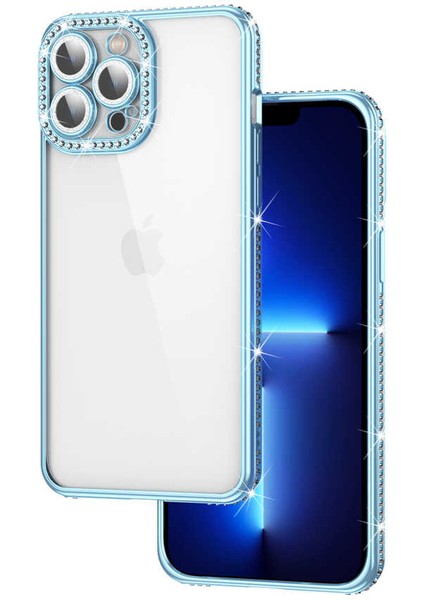 iPhone 12 Pro Kılıf Kamera Korumalı Taşlı Ecrz Mina Kapak-Mavi