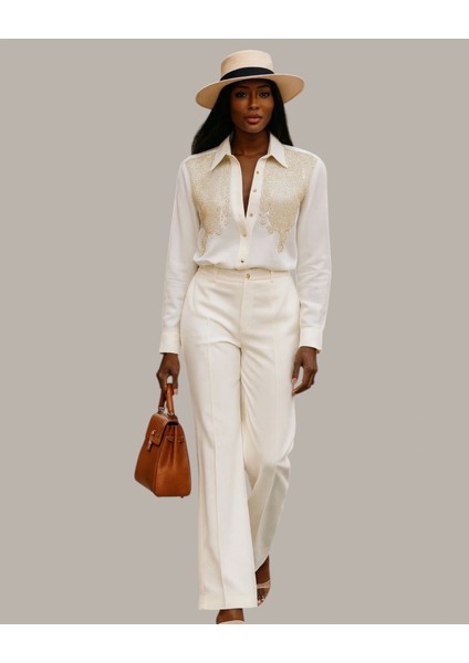 Lenora Ithal Krep Taş Baskı Detay Gömlek