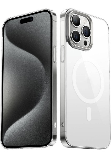 Apple iPhone 15 Pro Kılıf Ecrz Wireless Şarj Özellikli Şeffaf G-Glass Kapak-Gümüş