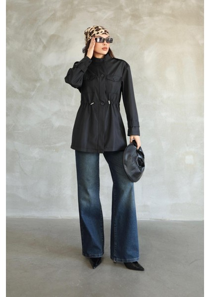 Kadın Siyah Beli Büzgülü Kısa Trençkot modelleri