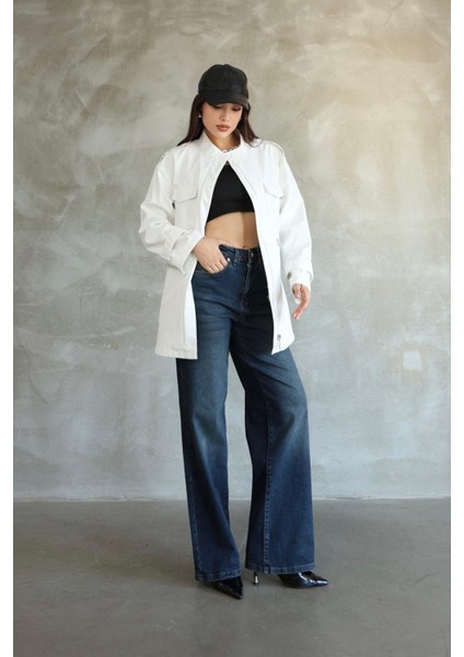 Kadın Beyaz Beli Büzgülü Kısa Trençkot