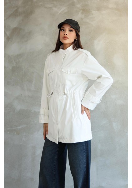 Kadın Beyaz Beli Büzgülü Kısa Trençkot fiyatları