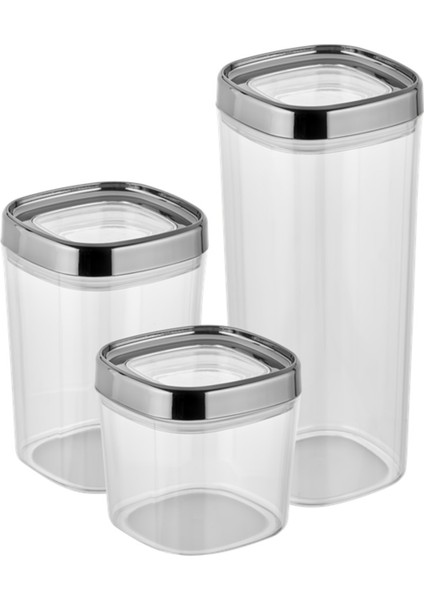Bonny Erzak Saklama Kabı 3lü Set Metalik Kaplama Kapak 1,8lt - 1lt - 600ML Metalik Gümüş