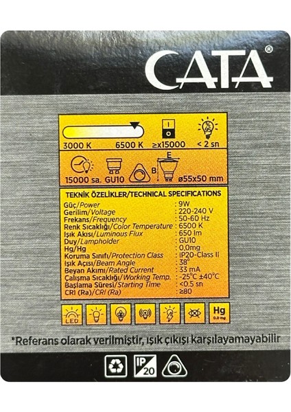 (2 adet) Cata 9W (50W) Beyaz Işık (6500K) Dim Edilebilir GU10 DUYLU LED Spot Ampul fırsatları