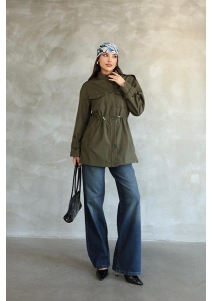 Kadın Haki Beli Büzgülü Kısa Trençkot modelleri
