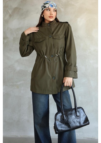 Kadın Haki Beli Büzgülü Kısa Trençkot fırsatları